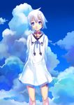  arms_behind_back bad_id bad_pixiv_id bell bell_collar blue_eyes cloud collar day dress kunieda original short_hair sky solo standing white_hair 