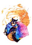  animal_ears eyepatch fire fox_ears japanese_clothes kimono kunieda magic original solo sword weapon yellow_eyes 