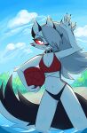 2023 4_fingers absurd_res akrost anthro arm_tuft artist_name ball beach bedroom_eyes big_tail bikini bikini_only black_bikini_bottom blue_sky breasts canid canid_demon canine claws cleavage clothed clothing collar day demon detailed_background ear_piercing elbow_tuft eyebrow_piercing facial_piercing female finger_claws fingers fur gesture glowing glowing_eyes grey_eyelids grey_hair grin hair hair_over_eye hellaverse hellhound helluva_boss hi_res holding_ball holding_object long_hair looking_at_viewer loona_(helluva_boss) mammal midriff mythological_canine mythological_creature mythology narrowed_eyes navel notched_ear outside partially_submerged piercing plant pupils red_bikini_top red_sclera sea seductive shrub sky slit_pupils small_waist smile solo spiked_collar spikes standing_in_water swimwear tail text tuft two-piece_swimsuit water waving white_body white_eyes white_fur wide_stance