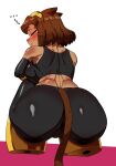 2026 absurd_res anthro big_breasts big_butt black_bottomwear black_clothing black_nose black_pants blush bodily_fluids bottomwear breasts brown_hair brown_tail butt clothing crouching domestic_cat ellipsis eyebrows eyelashes eyes_closed eyewear eyewear_on_head felid feline felis female gameoverse glitch_productions goggles goggles_on_head hair hi_res kit_bodega mammal mechanical_leg pants rear_view shirt short_hair simple_background solo sudal sweat tail tank_top tight_bottomwear tight_clothing tight_pants topwear whiskers white_background