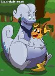 absorb absorbing absorption_vore damaged_clothing duo endosoma female feral forest forest_background generation_1_pokemon generation_6_pokemon goodra hi_res lizarddude812 male male/female nintendo plant pokemon pokemon_(species) raichu relaxed_expression safe_vore scarf sculpting tree vore worried