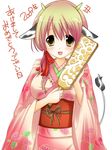  2009 animal_ears blonde_hair breasts cow_ears gold_eyes horns japanese_clothes kimono large_breasts tail yellow_eyes yukata 