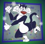 3_toes 4_fingers alternate_version_at_paywall alternate_version_at_source anthro bared_teeth black_body black_fur dancing domestic_cat feet felid feline felis fingers fur gavanzude grin hi_res holding_with_feet looking_at_viewer looney_tunes male mammal smile solo sparkler sylvester_(looney_tunes) teeth toes warner_brothers white_body white_fur