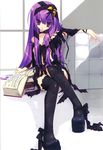  book crescent crescent_hair_ornament gothic hair_ornament highres lingerie long_hair no_panties patchouli_knowledge purple_eyes purple_hair ribbon sitting solo thighhighs touhou tsurusaki_takahiro underwear very_long_hair 