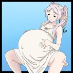 1:1 2026 5_fingers absurd_res bare_shoulders belly belly_rub big_belly black_border border clothing digital_drawing_(artwork) digital_media_(artwork) dress ear_piercing elf female fingers frieren frieren_beyond_journey's_end fungus-man gradient_background hi_res humanoid humanoid_pointy_ears navel navel_outline outie_navel outside_border piercing pointy_ears pregnant pregnant_female pregnant_humanoid simple_background solo spread_legs spreading wickedatlas