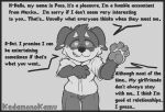 anthro border canid canine canis chihuahua domestic_dog english_text greeting grey_border humiliation humiliation_fetish humiliation_text infidelity kedamonokamu male mammal monochrome paco_(kedamonokamu) pawpads paws solo speech_bubble text toy_dog