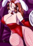  animal_ears bad_id bad_pixiv_id breasts brown_hair bunny_ears bunnysuit copyright_request curvy elbow_gloves fishnet_pantyhose fishnets gloves huge_breasts long_hair pantyhose red_eyes solo thighs tray twintails za_(artist) 