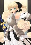  ahoge armor armored_dress artoria_pendragon_(all) bare_shoulders blonde_hair dress fate/stay_night fate/unlimited_codes fate_(series) faulds flower gauntlets gloves green_eyes nakano_sora ponytail rose saber saber_lily solo sword weapon 