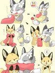 2024 3:4 3_toes accessory anthro apron apron_only biped black_body black_ears black_fur black_nose black_pawpads blush bodily_fluids brown_body brown_fur canid canine cheek_tuft clothed clothing countershade_face countershade_torso countershading cute_fangs digital_media_(artwork) dipstick_tail directional_arrow dress duo eyes_closed facial_tuft fangs feet female fingers flower flower_accessory fluffy fluffy_tail fox fur fusau gloves_(marking) grey_body grey_fur grey_tail hair_accessory hi_res holding_object hug inner_ear_fluff japanese_text leg_markings male mammal markings multicolored_body multicolored_fur multicolored_tail open_mouth open_smile orange_body orange_fur pawpads paws plant scarf semi-anthro sequence signature simple_background sitting smile snout socks_(marking) sparkles speech_bubble standing star_polygon sweat sweatdrop tail tail_markings tan_body tan_fur teeth text thinking thought_bubble toes tongue tongue_out tuft two_tone_tail white_body white_countershading white_fur white_tail yellow_body yellow_clothing yellow_dress yellow_eyes yellow_fur