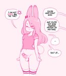 annoyed anthro balls clothing cross-popping_vein dialogue english_text erection eyes_closed femboy frown genitals hair hair_over_eye humanoid_genitalia humanoid_penis lagomorph legwear leporid long_hair male mammal miu monochrome navel offscreen_character pattern_clothing pattern_legwear penis portrait rabbit scowl shirt simple_background sketch small_waist solo speech_bubble standing striped_clothing striped_legwear stripes t-shirt text thigh_highs three-quarter_portrait topwear wide_hips