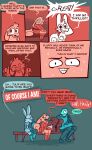 absurd_res anthro arthropod bean_(vanilla_candy) bodily_fluids briar_(vanilla_candy) comic crazy_eyes dialogue english_text female forced_smile hi_res hybrid insect lagomorph lepidopteran male mammal maniacal_laughing moth reptile restricted_palette scalie shaking simple_background snake speech_bubble sweat sweatdrop text tulip_(unicorn_blood) unicorn_blood_(comic) vanilla_candy worried