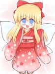 blonde_hair doll japanese_clothes kimono long_hair oversized_clothes ribbon ry shanghai_doll solo touhou wings 