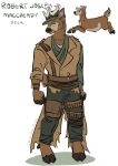 anthro antlers artist_name bandolier belt_pouch black_nose brown_body brown_fur clothed clothing deer drvoidiguana english_text fallout fully_clothed fur hooves horn male mammal microsoft robert_maccready_(fallout) simple_background solo standing text wearing_hat white_background