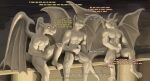 animate_inanimate anthro architecture aroused balls big_penis blackheartwolf bodily_fluids comic cum dialogue dripping english_text erection foreskin gargoyle genital_fluids genitals group group_masturbation hi_res inanimate_transformation living_statue looking_pleasured male male/male masturbation muscular night outside penis petrification pillar sculpture statue text transformation trio wings