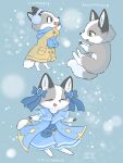 2024 3:4 accessory alternative_fashion anthro asian_clothing black_pawpads blue_clothing blue_dress blush bow_(feature) bow_accessory bow_ribbon canid canine canis clothed clothing coat dipstick_tail dress east_asian_clothing eyes_closed fangs feet female fox fur fusau grey_body grey_fur handwear hi_res j-fashion japanese_clothing japanese_text lolita_(fashion) mammal markings multicolored_body multicolored_fur multicolored_tail open_mouth pawpads paws ribbons scarf semi-anthro simple_background smile snow solo tail tail_markings teeth text toes topwear wa_lolita white_body white_fur winter yellow_clothing yellow_eyes