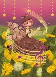  animal_ears beamed_eighth_notes dandelion earrings eighth_note feathers flower hat highres jewelry music musical_note mystia_lorelei ozawa pink_hair quarter_note short_hair singing sixteenth_note solo staff_(music) touhou treble_clef wings 