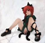  animal_ears braid cat_ears cat_tail covering covering_crotch dress fang highres kaenbyou_rin leg_ribbon long_hair madokan_suzuki multiple_tails no_socks open_mouth red_eyes red_hair ribbon solo spread_legs tail touhou twin_braids twintails 