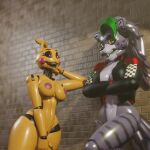 1:1 2025 3d_(artwork) abs against_surface against_wall angry animatronic annoyed anthro areola atumalaca avian bird black_sclera blood_on_teeth bottomless bottomless_anthro bottomless_female breasts brick brick_wall canid canine canis chicken clothed clothing crossed_arms digital_media_(artwork) duo ear_piercing ear_ring eyelashes fangs female five_nights_at_freddy's five_nights_at_freddy's:_security_breach five_nights_at_freddy's_2 galliform genitals glistening glistening_body grey_body grey_hair grey_teeth hair hi_res jacket long_hair looking_at_another machine mammal nipples non-mammal_breasts non-mammal_nipples non-mammal_vulva open_clothing open_jacket open_mouth open_smile open_topwear outside phasianid piercing purple_areola purple_eyelids purple_eyes purple_nipples ring_piercing robot robot_anthro roxanne_wolf scottgames sharp_teeth smile soft_abs steel_wool_studios striped_thighs tail talking_to_another teeth thick_thighs topwear toy_chica_(fnaf) vulva wall_(structure) wide_hips wolf yellow_body yellow_eyes