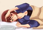  artist_request blanket blush breasts brown_hair casual cleavage heterochromia lying medium_breasts older on_side pillow pot rozen_maiden short_hair sick solo source_request souseiseki sweat under_covers 