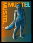 3:4 absurd_res anthro balls black_border blue_body blue_eyes blue_fur blue_hair border domestic_ferret dotted_background driftuwu fluffy fluffy_tail fur genitals gradient_background grey_body grey_fur hair hi_res looking_at_viewer male mammal muscular mustel_(wild_synapsid) mustelid musteline nipples nude nude_anthro pattern_background penis shaded simple_background slim solo standing tail three-quarter_view true_musteline weasel