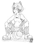 anthro basketball bottomwear bra brand_new_animal breasts canid canine clothing dipstick_hair dipstick_tail facial_markings female footwear gloves_(marking) hair head_markings hi_res leg_markings mammal markings mask_(marking) michiru_kagemori monochrome pointy_ears prick_ears raccoon_dog shirt shoes short_hair shorts signature sitting_on_object sketch small_breasts socks_(marking) solo spread_legs spreading startraveler25 studio_trigger tail tail_markings tank_top tanuki topwear underwear