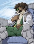 2026 anthro blue_chair blue_ear_piercing blue_eyes brown_body brown_fur brown_hair bulge clothing cloud cockpit colored fur green_clothing hair hi_res looking_at_viewer male mammal mustelid open_suit otter pandottermon pilot sitting sky smile smiling_at_viewer solo tan_body tan_fur toma_(pandottermon) tongue undressing_self whiskers white_clothing