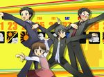  3boys :d adachi_tooru black_hair chiizu_ochaduke child doujima_nanako doujima_ryoutarou fighting_stance get_down long_sleeves multiple_boys narukami_yuu open_mouth outstretched_arms pants persona persona_4 short_hair simple_background smile standing twintails yellow_background 