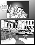 chris_fischer city clothing comic dialogue dr._snow_(chris_fischer) english_text group hi_res human human_only jacket male mammal not_furry onomatopoeia sidewalk sound_effects speeding street street_lamp text topwear traffic_light trash_can