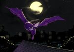 absurd_res ambiguous_gender anthro aogami bat city city_background cityscape cottontail_rabbit feral flying fur hi_res hybrid lagomorph leporid light mammal megabat membrane_(anatomy) membranous_wings moon moonlight purple_body purple_fur rabbat rabbit smile solo spread_wings wings