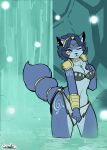 absurd_res adventurer anthro bangs bath big_breasts blue_body blue_fur blue_hair breasts butt canid canine choker claws clothed clothing collar crown elmistorr female fluffy fluffy_tail forest fox fur grass green_eyes hair hand_on_breast happy headgear hi_res information jewelry krystal_(star_fox) mammal markings messy_hair nature nature_background necklace nintendo o-ring plant ruins seductive short_hair slim solo star_fox tail tiara tree tribal tribal_clothing tribal_jewelry tribal_markings waterfall waterfall_shower wet