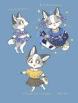 2024 3:4 accessory alternative_fashion anthro blue_background blue_clothing blush bottomwear bow_(feature) bow_ribbon canid canine casual_lolita chibi clothed clothing countershading dress ear_piercing eyes_closed feet female fox fur fusau grey_body grey_fur hi_res j-fashion japanese_text jewelry lolita_(fashion) magic mammal markings multicolored_body multicolored_fur necklace open_mouth pawpads paws piercing ribbons simple_background sitting skirt smile solo standing star swimwear tail text toes two-piece_swimsuit white_body white_fur yellow_clothing yellow_eyes