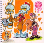 anthro aquatic bottomwear cephalopod clothing coleoid crop_top female flip_flops flower_accessory footwear group hi_res juneduck21 male mammal midriff mollusk nickelodeon octopodiform octopus plankton_(species) rodent sandals sandy_cheeks sciurid sheldon_j._plankton shirt shoes skirt spongebob_squarepants squidward_tentacles topwear tree_squirrel trio