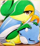 025aki 3_fingers ambiguous_gender anthro arms_on_head blue_body blush blush_lines brown_eyes close_together cuddling dratini duo eyes_closed feral fingers forehead_gem gem generation_1_pokemon generation_5_pokemon green_body hi_res hug kneeling looking_aside markings multicolored_body neck_collar nintendo open_mouth pokemon pokemon_(species) raised_tail signature simple_background sleeping snivy tail tan_body white_body yellow_eyelids