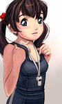  bad_id bad_pixiv_id blue_eyes brown_hair hair_bobbles hair_ornament masao one-piece_swimsuit original school_swimsuit solo swimsuit twintails upper_body wet whistle 