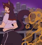 2026 absurd_res animal_humanoid artist_name bottomwear building butt cat_humanoid city city_background cityscape clothed clothed_humanoid clothed_male clothing digital_drawing_(artwork) digital_media_(artwork) ear_piercing facial_piercing fangs fart fart_cloud fart_fetish felid felid_humanoid feline feline_humanoid flower hair hi_res humanoid looking_back male mammal mammal_humanoid multicolored_hair neck_bell nose_piercing nose_ring outside pants piercing plant pointy_ears prick_ears purple_sky railing red_hair ring_piercing sky skyscraper solo standing tail taintedcan teeth text two_tone_hair