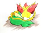 025aki ambiguous_gender anthro cheek_tuft duo eyelashes eyes_closed facial_tuft fennekin feral fur fur_markings generation_5_pokemon generation_6_pokemon green_body hi_res inner_ear_fluff leaf lying markings neck_collar nintendo on_side pointy_nose pokemon pokemon_(species) simple_background sleeping sleeping_together snivy snout tail tuft yellow_body yellow_eyelids yellow_fur