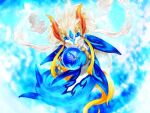 2009 4:3 bandai_namco blue_body blue_eyes countershade_face countershade_torso countershading dragon forehead_gem gem hair holding_object horn hybrid japanese_description kemono long_hair looking_at_viewer mythological_creature mythological_scalie mythology orb scalie scarf shaorune solo tales_of_(series) tales_of_rebirth tetetor-oort white_hair