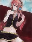  bad_id bad_pixiv_id hair_tousle headphones kno_(anahita) long_hair megurine_luka midriff pink_hair sitting solo thighhighs vocaloid 