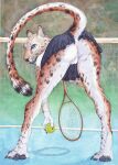 anthro ball bent_over bottomwear bottomwear_pull camel_toe cheetah clothing clothing_pull dimasbka felid feline female hi_res mammal painting_(artwork) pants rear_view skirt skirt_pull solo sport tennis tennis_ball traditional_media_(artwork) traditional_painting_(artwork) traditional_watercolor_(artwork) watercolor_(artwork)