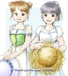  :d armband bad_id bad_pixiv_id bangs bare_shoulders bow brown_eyes brown_hair double_bun dress eyelashes fang flat_chest flower grey_hair hair_bow hat hits holding kago_ai looking_at_viewer lowres morning_musume multiple_girls open_mouth parted_bangs ponytail short_hair sketch smile standing straw_hat striped sun_hat sundress swept_bangs thank_you tsuji_nozomi uotoyo 