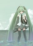 bad_id bad_pixiv_id cloud day detached_sleeves green_hair hatsune_miku headset highres long_hair necktie skirt sky solo tahya thighhighs twintails very_long_hair vocaloid water 