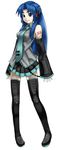  asakura_ryouko blue_eyes blue_hair boots cosplay detached_sleeves hatsune_miku hatsune_miku_(cosplay) headphones long_hair non-web_source solo suzumiya_haruhi_no_yuuutsu thigh_boots thighhighs vocaloid vocaloid_boxart_pose 