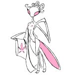 2026 anthro arthropod arthropod_abdomen asian_clothing big_eyes biped blush body_blush breasts clothing deltarune digital_drawing_(artwork) digital_media_(artwork) east_asian_clothing empty_eyes english_description eyelashes female female_anthro floral_print full-length_portrait genitals head_bow insect japanese_clothing kimono mantis mantis_(deltarune) mantis_arms monochrome mostly_nude_anthro mostly_nude_female navel nipples non-mammal_breasts non-mammal_navel non-mammal_nipples non-mammal_vulva pink_and_white pink_arthropod_abdomen pink_eyes portrait restricted_palette simple_background skinny_anthro skinny_female small_breasts solo standing the_weaver thick_eyelashes thin_arms thin_legs thin_neck undertale_(series) undressed ventral_groove vulva vulva_blush white_background white_clothing white_kimono