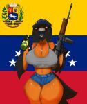 anthro avian battle_rifle beverage big_breasts bird blue_bottomwear blue_clothing blue_shorts bottomwear breasts brown_body brown_skin clothed clothing corvid corvus_(genus) crow fabrique_nationale_herstal female female_anthro flag fn_fal grey_clothing grey_topwear gun hat headgear headwear hi_res holding_object mamasoyanini navel neckwear non-mammal_breasts non-mammal_navel oscine passerine portrait pose ranged_weapon rifle shorts solo thick_thighs three-quarter_portrait topwear venezuela venezuelan_flag weapon wide_hips