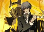  blood collar gakuran glasses holding izanagi long_sleeves male_focus monster narukami_yuu non-web_source persona persona_4 pole power_lines s.r. school_uniform silver_hair simple_background upper_body yasogami_school_uniform yellow_background 