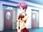  artist_request bow character_request copyright_request green_eyes hallway hands_clasped impossible_clothes impossible_shirt non-web_source own_hands_together pink_hair plaid plaid_bow plaid_skirt school_uniform shirt short_hair skirt solo source_request tachi-e 