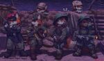 anthro armor beret boots brown_eyes canid canine clothed clothing explosives flamethrower footwear fox fur gas_mask green_eyes grenade gun hat headgear headwear helmet hi_res male mammal mask night open_mouth orange_body orange_fur panzermask ranged_weapon shoes standing tail weapon white_body white_fur