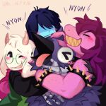 1:1 2026 ambiguous_gender anthro armor avian beak biped black_beak black_hair blue_body blue_skin blush bovid bracelet caimeow173607 caprine claws clothing darkner deltarune digital_media_(artwork) eyewear female feral finger_claws fur gauntlets glasses gloves goat grin group group_hug hair hair_over_eyes handwear headpat hi_res horn hug hugging_another human jewelry kawkaw_(deltarune) kris_dreemurr male mammal open_beak open_mouth open_smile petting pink_body purple_hair ralsei round_glasses scalie sharp_teeth smile spiked_bracelet spikes susie_(deltarune) teeth tongue tongue_out undertale_(series) white_body white_fur