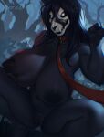 anthro big_breasts black_body black_hair bone breast_grab breast_play breasts canid canine crouching female female_anthro forest genitals hair hand_on_breast hi_res huge_breasts kezari leash leash_pull licking mammal plant scp-1471-a scp_foundation self_lick sitting skull skull_head skulldog_(species) solo thick_thighs tongue tongue_out tree vulva
