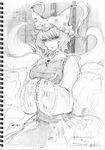  chihiro_(kemonomichi) greyscale hat highres long_sleeves monochrome pillow_hat short_hair solo tassel touhou traditional_media wide_sleeves yakumo_ran 